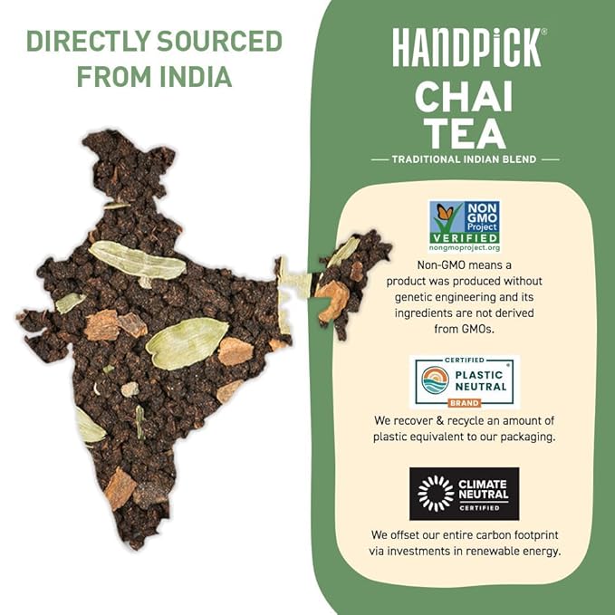HANDPICK Masala Chai Tea Bags (100 Count) Strong Robust & Aromatic, Blended with Exotic Spices, Cinnamon, Black Pepper, Cloves & Cardamom - Premium Quality Eco-conscious Round Bags - Bloomnest