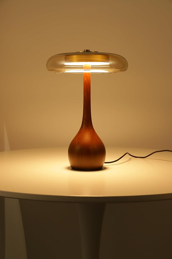Small Table Lamp for Bedroom-Wooden Base Teardrop Mushroom Table Lamps,Amber Glass Shade,LED Three Color Temperature Adjustable Brightness Modern LED Side Table and Desk Lighting(H 12.4 in) - Bloomnest