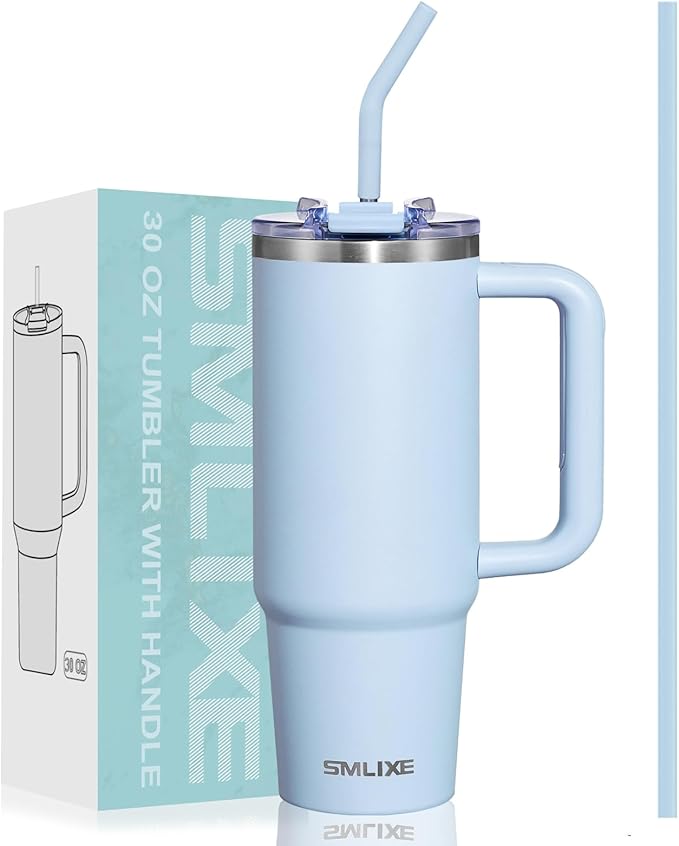 30 oz Tumbler with Handle, Tumbler with Lid and Straw, Double Wall Vacuum Insulated Travel Mug Stainless Steel Tumbler for Hot and Cold, Cupholder Friendly (Blue) - Bloomnest