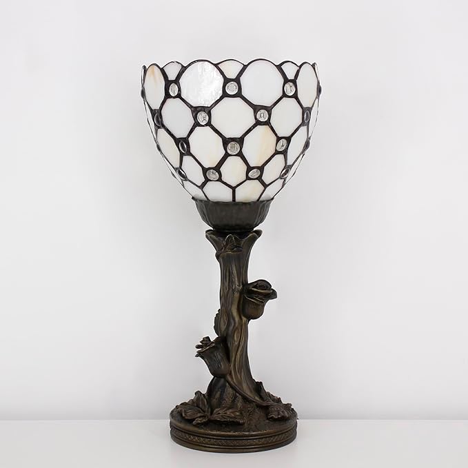 Small Tiffany Lamp Mini Stained Glass Table Lamp Cream Bead Accent Desk Uplight W6 H13.5 Inch Bronze Resin Base - Bloomnest