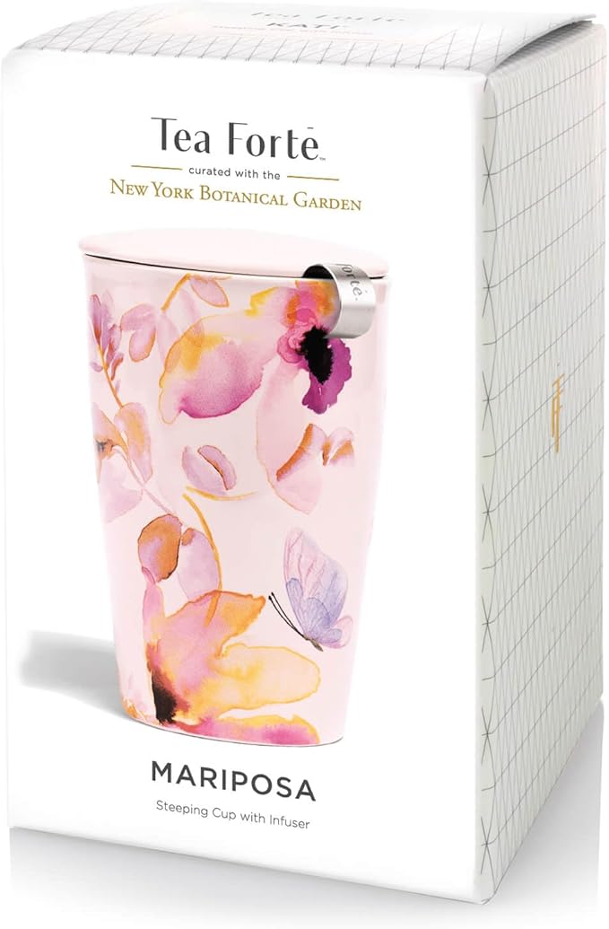 Tea Forte Double-Walled Ceramic Kati Cup, Removable Stainless Steel Infuser Basket and Lid, Steeps 12 oz Loose Leaf Tea, Dishwasher & Microwave Safe, Mariposa - Bloomnest