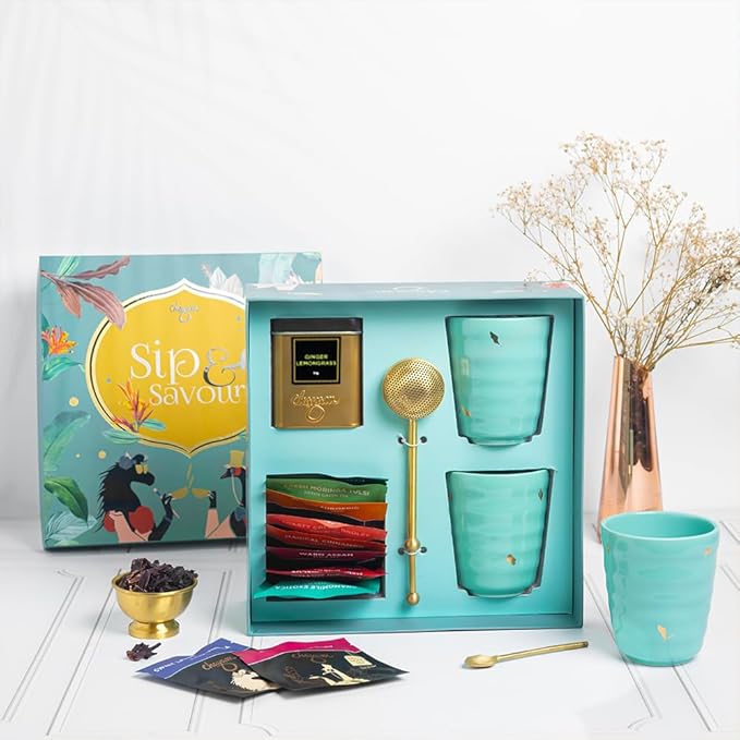 CHAYAM Tea Lover's Luxury Gift Basket with Cups & Infuser | 10 Assorted Tea Bags, Ginger Lemongrass Herbal Loose Leaf 50g/1.76oz, 2 Mugs & Lead-Free Premium Brass Infuser | Self-Care Gifts for Mom and Her - Bloomnest