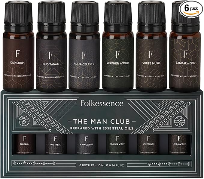 Folkulture Essential Oils Set for Men | Set of 6 (0.34 Fl Oz or 60ml) Diffuser Oils for Home | Oud Tabac, Sandalwood, Leather Wood | Fragrance Oil - Bloomnest