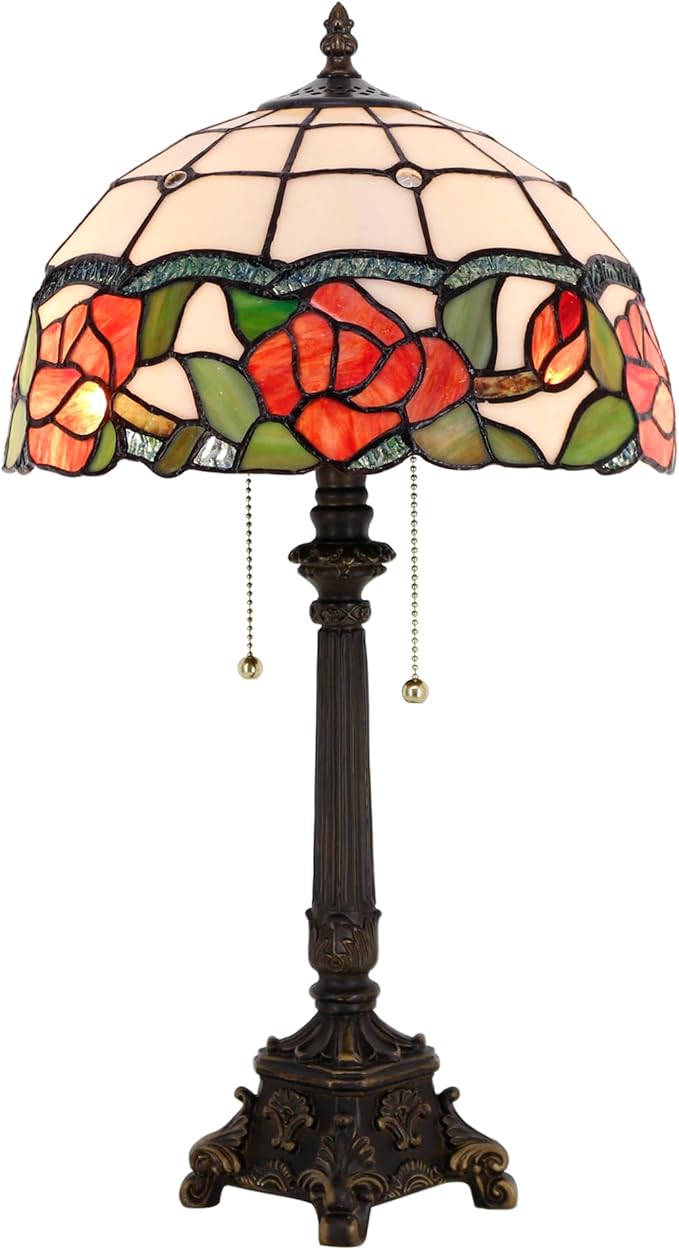 Tiffany Lamp Rose Flower Style Stained Glass Table Lamp Desk Reading Light 12X12X21 Inches with Resin Base Decor Bedroom Living Room - Bloomnest