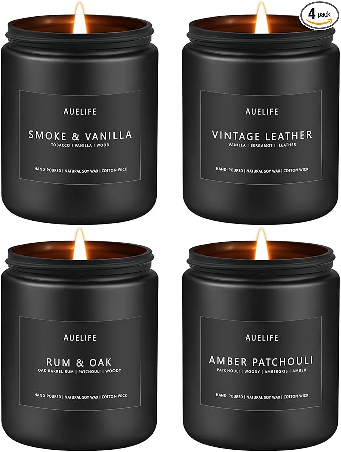 Scented Candles Set | Men Candle Set, 4 Pack Candles for Home, Gifts for Men - Aromatherapy Gifts for Dad Fathers Day, Soy Candle Scent of Smoke & Vanilla/Rum Oak/Vintage Leather/Amber Patchouli - Bloomnest