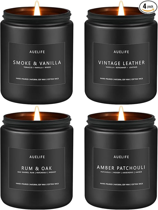 Scented Candles Set | Men Candle Set, 4 Pack Candles for Home, Gifts for Men - Aromatherapy Gifts for Dad Fathers Day, Soy Candle Scent of Smoke & Vanilla/Rum Oak/Vintage Leather/Amber Patchouli - Bloomnest