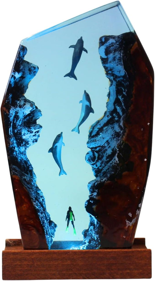 Handmade 3D Ocean Resin Lamp, Epoxy Ocean Night Light with Wooden Base, LED Color Changing Table Lamp, USB Powered Dragons Decor, Unique Ocean Gift for Bedroom & Home Office (Dolphin&Diver) - Bloomnest