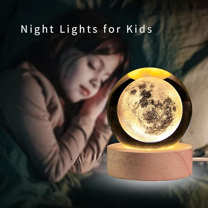 3D Moon Crystal Ball with LED Stand, Moon Figurine Decor Glass Sphere Lamp, Space Planet Globe Night Light Gifts for Women Men Mom Kids - Bloomnest