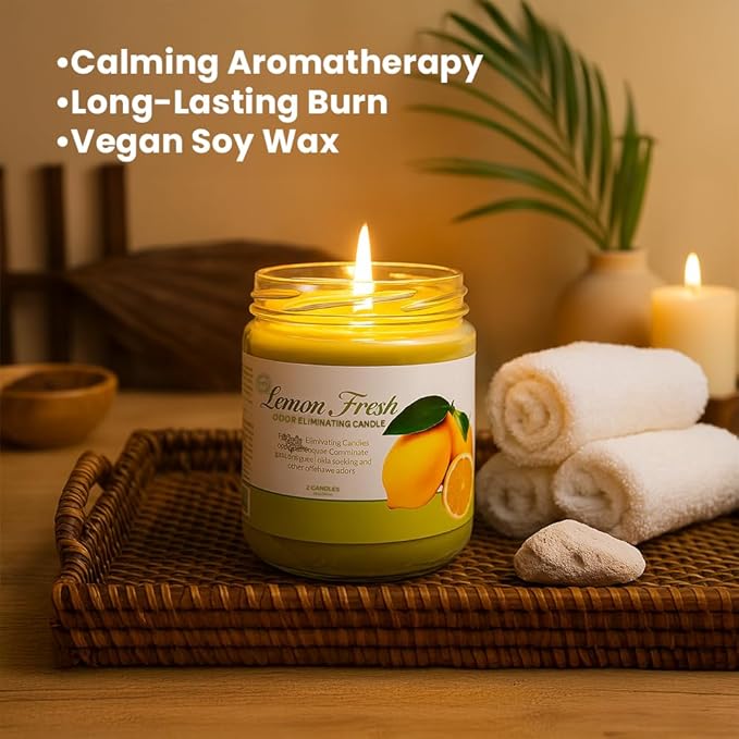 Candle Set Lemon Fresh Odor Eliminating – 2 Pack - 12oz – Long-Lasting Soy Wax Candles – Neutralizes Pet, Kitchen & Smoke Odors – Clean Burn, Eco-Friendly, Aromatherapy Candle - Bloomnest