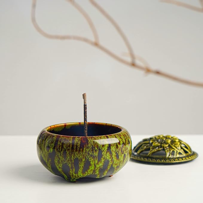 Incense Burner with Calabash Incense Stick Holder - Porcelain Charcoal Censer for Use with Resin Granular Powder Cone or Coil Incense (Kiln-Colored Green) - Bloomnest