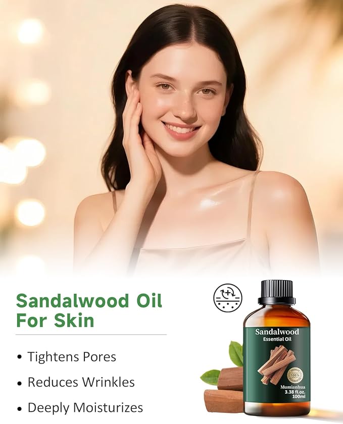 Pure Sandalwood Essential Oil, Mumianhua Natural Sandalwood Oil for Diffuser Aromatherapy, Skin, Hair, Massage, Candle, Soap Making, Evening Meditation, Calm Connection, Woody Grounding 3.38 Fl Oz - Bloomnest