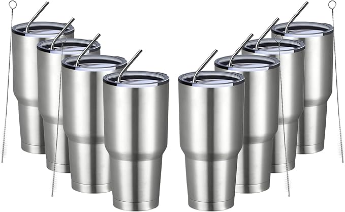 MEWAY 30oz Insulated Tumbler With Lids and Straws,Stainless Steel Double Vacuum Coffee Tumbler Cup, Brush, Durable Powder Coated Coffee Cup for Cold & Hot Drinks, Office, Travel(Silver,8 PACK) - Bloomnest