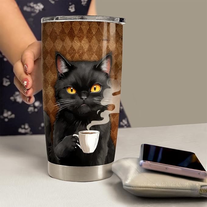 Black Cat Tumbler 20oz Stainless Steel Insulated Coffee Travel Mug Cup for Men Women on Birthday Christmas - Bloomnest