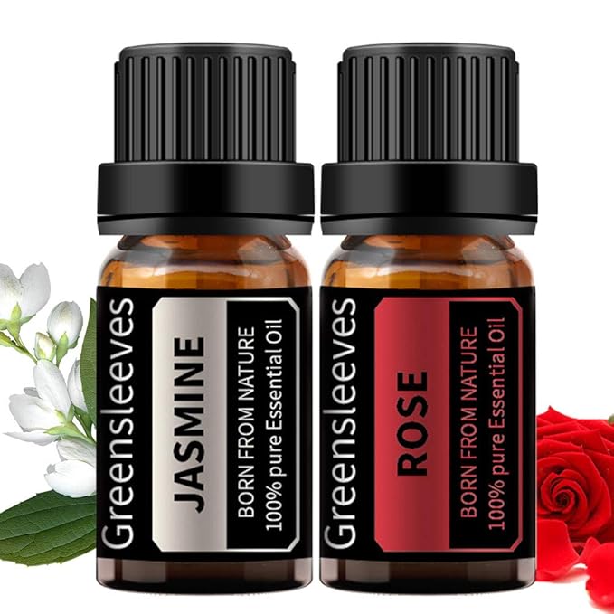 GREENSLEEVES Rose Jasmine Essential Oil Set, 2 x 10ml Pure Plant-Based Fragrance Oil for Aromatherapy, Essential Oils for Diffuser, Massage, Bath Bomb, Scented Candle Soap Making GREENSLEEVES