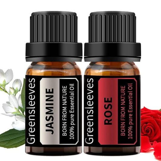 GREENSLEEVES Rose Jasmine Essential Oil Set, 2 x 10ml Pure Plant-Based Fragrance Oil for Aromatherapy, Essential Oils for Diffuser, Massage, Bath Bomb, Scented Candle Soap Making GREENSLEEVES