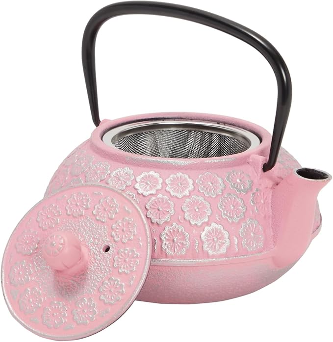 Juvale Cast Iron Tea Kettle - Stainless Steel Infuser & Loose Leaf Tea Steeper - Heat Retention in Pink Cast Iron Kettle - 34 oz