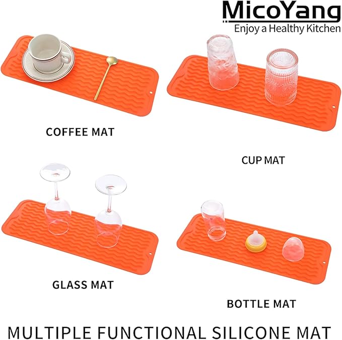 Silicone Dish Drying Mat for Multiple Usage,Easy clean,Eco-friendly,Heat-resistant Silicone Mat for Kitchen Counter,Sink,Bar,Bottle,or Cup Orange M 17 inches x 6 inches - Bloomnest