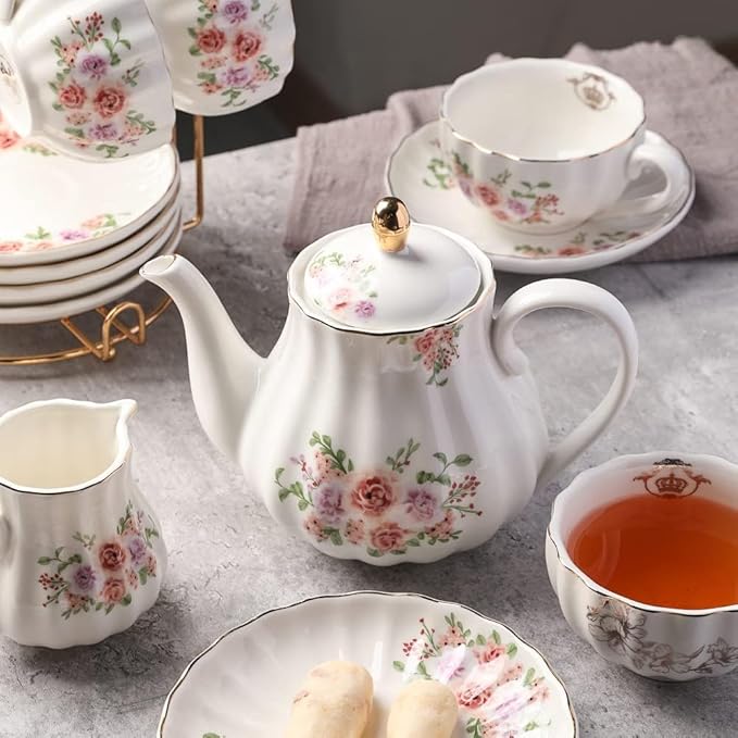 Sweejar Porcelain Tea Sets British Royal Series, 8 OZ Cups & Saucer Service for 6, with Teapot Sugar Bowl Cream Pitcher Teaspoons and Tea Strainer, Suitable for High Tea, Wedding, Party（Beige） - Bloomnest
