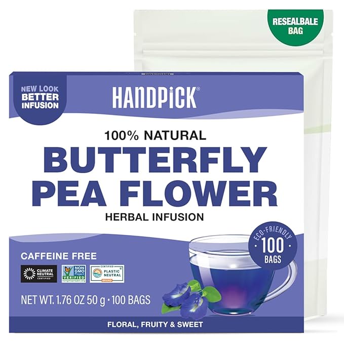 HANDPICK, Butterfly Pea Flower Tea (100 Herbal Tea Bags) | Caffeine Free, Non GMO | Premium Dried Butterfly Pea Flowers For Blue & Purple Drinks, Food Coloring | Iced Teas, Coolers, Cocktails - Bloomnest