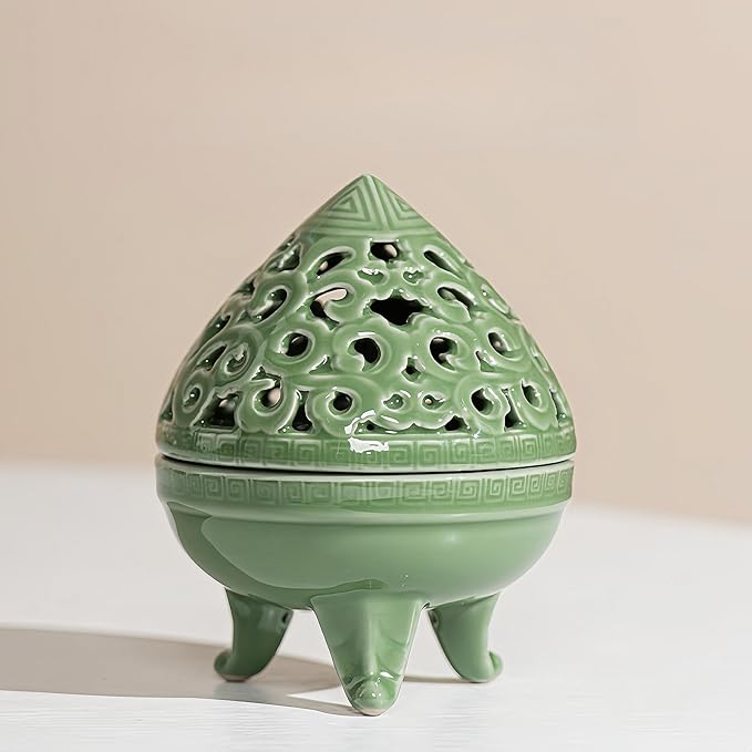 Mini Ceramic Incense Burner - Chinese Classic Plum Green Celadon Glaze, Fragrance Cone & Stick Holder Palo Santo/Sage/Herb Burner for Meditation, Yoga, Desk Decor, Zen Relaxation Gift (Cloud-B) - Bloomnest