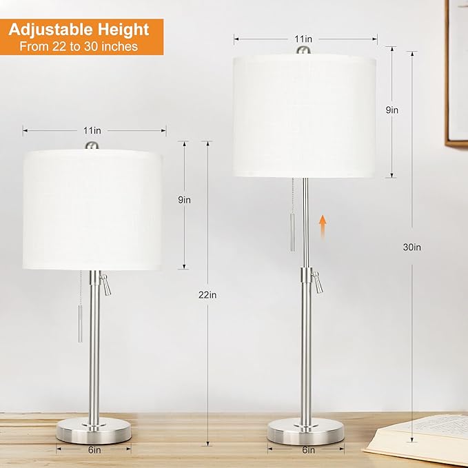 Brushed Nickel Table Lamps Set of 2: 22" to 30" Height Adjustable Nightstand Lamps with White Linen Shade | Pull Chain Switch | Silver Pole Beside Lamp for Living Room Bedroom - Bloomnest