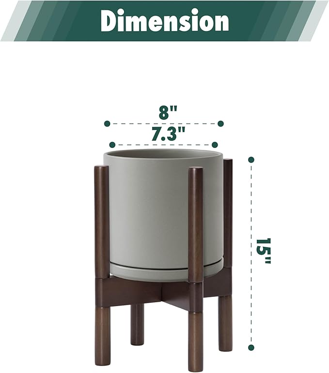 D'vine Dev Ceramic Planter with Walnut Color Stand - 8 Inch Modern Round Flower Pot with Wood Planter Holder, Grey, 55-B-Y-3 - Bloomnest