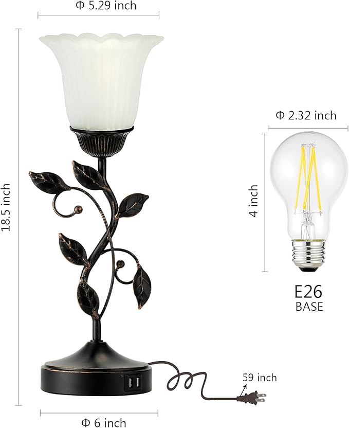 RORIANO Touch Bedside Lamp with 2 USB Charging Ports, 3-Way Dimmable Nightstand Lamps, White Glass Shade Vintage Rural Leaf Lamp for Living Room Tabletop Bedroom Side Table, LED Bulb Included - Bloomnest