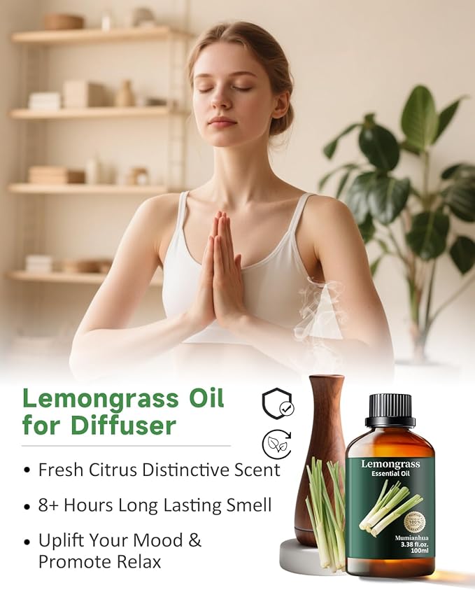 Pure Lemongrass Essential Oil,Mumianhua Natural Lemongrass Oil for Aromatherapy Diffuser, Outdoor Fresh Air, Natural Protective Blends, Skin Care, Hair, Spray, Soap, Candle Making 3.38 Fl Oz - Bloomnest