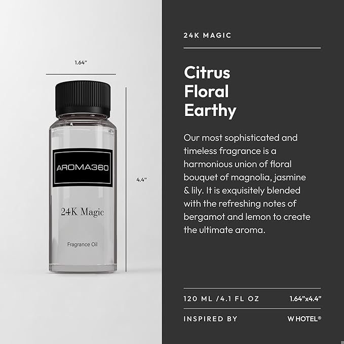 Aroma360-24K Magic Fragrance Oil Blend | Hotel Inspired Luxury Essential Oil Diffusers | Aromatherapy Scent Diffuser Oil | Citrus, Bergamot, Lemon & Lemongrass with Notes of Jasmine. - 120ML - Bloomnest