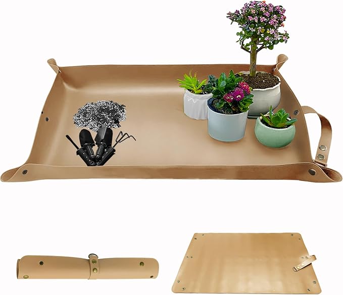Leather Plant Repotting Mat Waterproof Transplanting Mat Indoor Succulent Potting Portable Gardening Mat, 30" X 18" Thickened Foldable Plant Potting Tray and Mess Control mat - Bloomnest