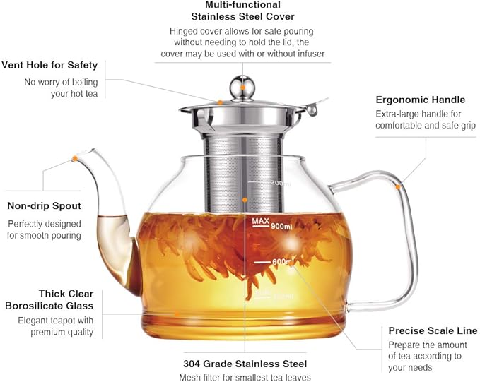 Tea Pot Set – 1200ml Glass Teapot with Removable Stainless Steel Infuser, and 4 Glass Teacups, Stovetop Safe Tea Kettle Gift Set, Blooming and Loose Leaf Tea Maker Set - Bloomnest