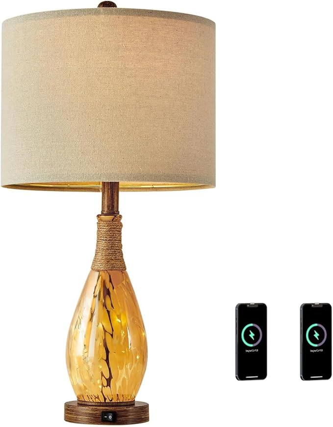 OYEARS 23" USB A+C Table Lamp for Bedroom Living Room Modern Bedside Lamps Retro Farmhouse Rattan Glass Nightstand Nightlight Lamps (Amber),Two Light Points - Bloomnest