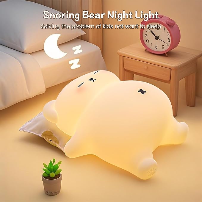 Sleepy Snoring Bear Night Light,Novelty Nursery Nightlight for Kids, Dimmable/Timer/Rechargeable USB-C, Food-Grade Silicone LED Squishy Animal Bedside Lamp,Funny Gifts for Boys Girls Baby,Room Decor - Bloomnest