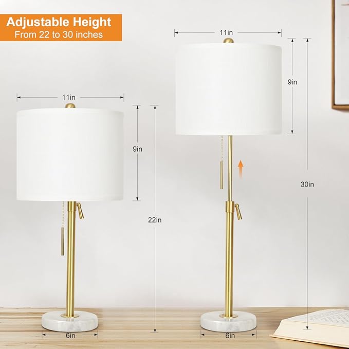 Gold Table Lamp Set of 2, 22-30" Height Adjustable Modern Nightstand Lamps with Marble Base and Pull Chain Switch for Living Room Bedroom, Office, Bedside Table, Farmhouse - Bloomnest