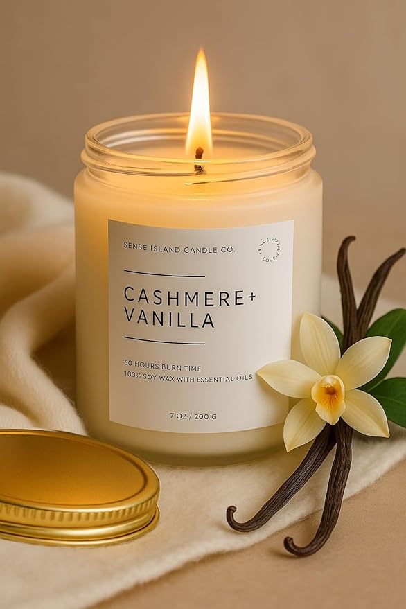 SENSE ISLAND Cashmere Vanilla Scented Candle for Home Scented 50+ Hrs Highly Scented Creamy Vanilla | 100% Natural Soy Candle Gifts for Women Highly Scented House Warming Gifts - Bloomnest