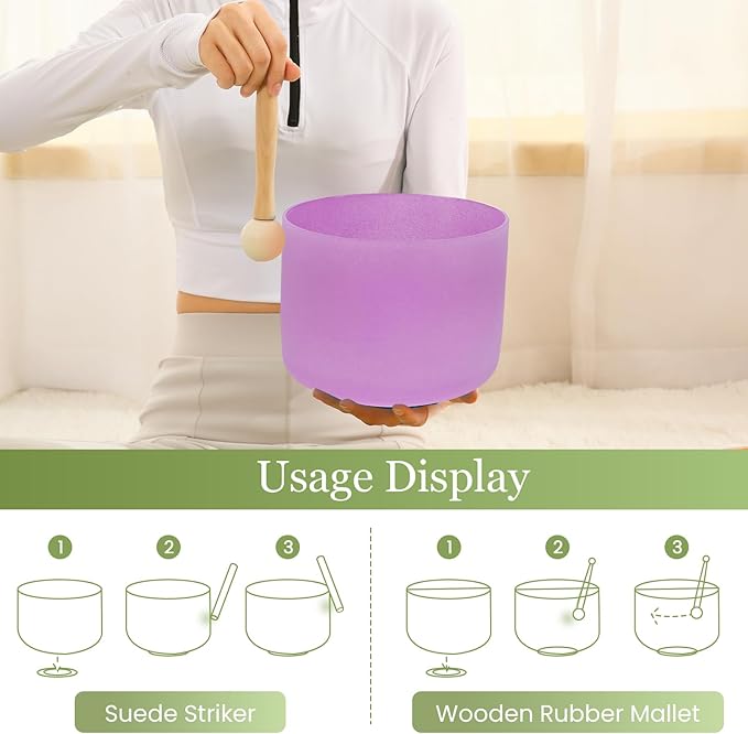 432HZ 8 Inchs B Note Purple Frosted Crystal Singing Bowl for Meditation Healing Yoga Chakra Quartz Crystal Sound Bowls with Heavy Duty Carry Case and Rubber Mallet,Suede Striker,O-ring - Bloomnest