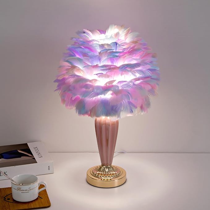 Colorful Feather Lamp Fluffy Table Lamp Furry Bedside Lamp Romantic Princess Lights Goose Feather Night Light for Bedroom Wedding Decor Valentines Dating Livingroom Hotel Office - Bloomnest