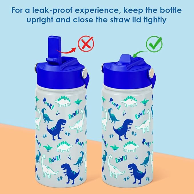 SANDJEST Kid Water Bottle 12oz with Straw Lid - 2-Pack Insulated Stainless Steel Water Bottles for Kids Girls - Travel Cup for School Sports, Construction & Dinosaur - Bloomnest