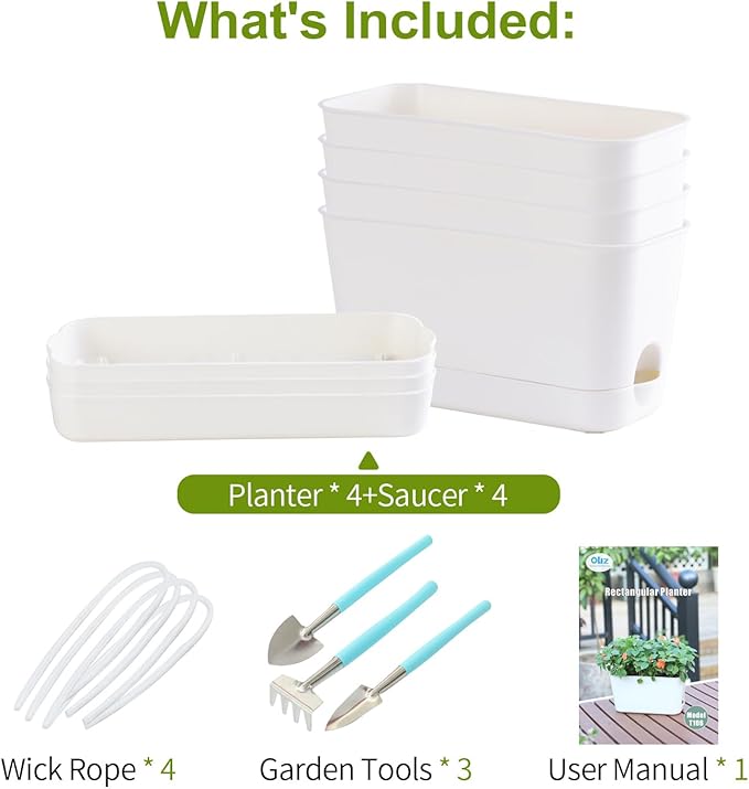 10 Inch Self Watering Planters for Indoor Plants: 4 Packs Rectangular Plant Pots with with Drainage and Tray, Window Pot Self Watering Planter for Herb, Houseplants - Bloomnest
