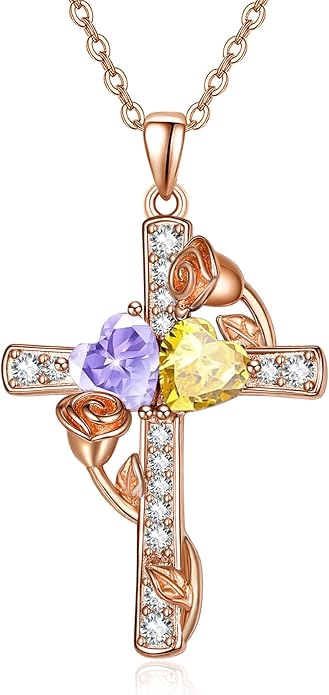 Rose Gold Dual Birthstones Cross Necklace for Women Rose Flower Jewelry Anniversary Christmas Mother's Valentine's Day Birthday Gift for Wife Girlfriend Mom - Bloomnest