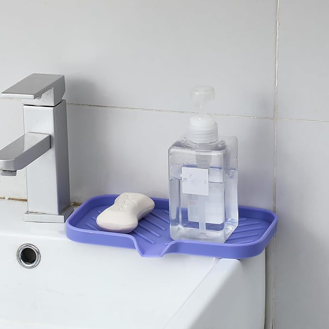 Silicone Bathroom Soap Dishes with Drain Spout-Bathroom and Kitchen Sink Organizer,Sponge Holder,Dish Soap Tray,Perfect for Dispenser,Scrubber,Bottle on Sink or Counter-Light Purple 9.6"×5.3" - Bloomnest