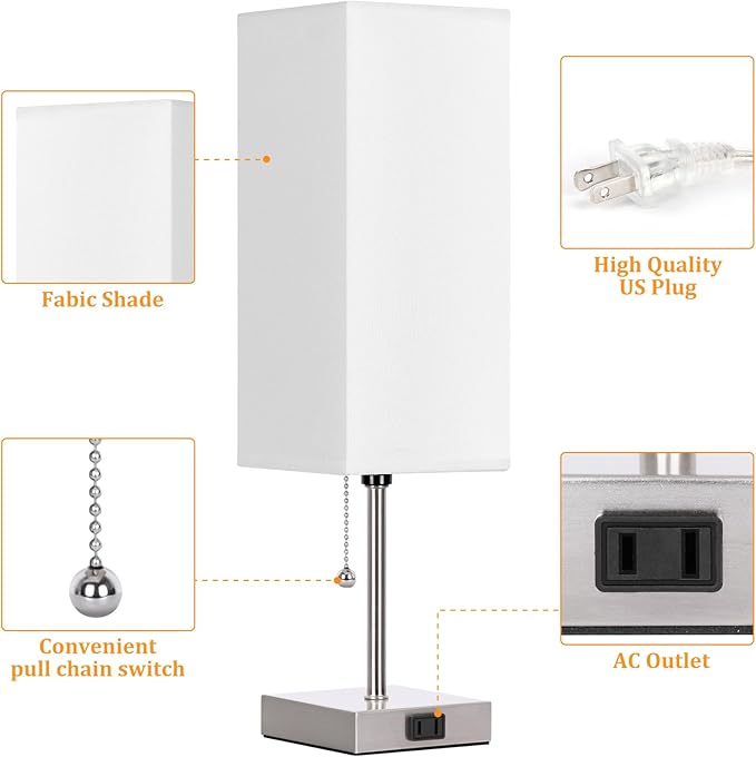 Table Lamp for Bedroom set of 2,3-Color Bedside Lamps with Pull Chain Table Lamps for Nightstand with AC Outlets,18'' Night Light Lamps with 2 Bulbs Lamps for Living Room Kids Office Decor（Nickel） - Bloomnest