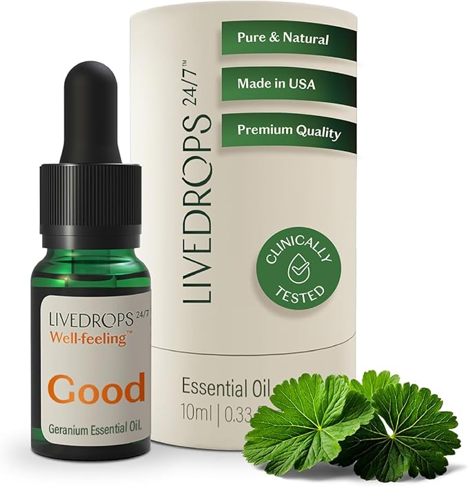 LIVEDROPS 24/7 Good Geranium Essential Oil, Natural Vegan Aromatherapy for Diffuser or Diluted Skin Use, Rosy Floral Scent, Origin Egypt, Made in USA, Clinically Tested, 10ml - Bloomnest
