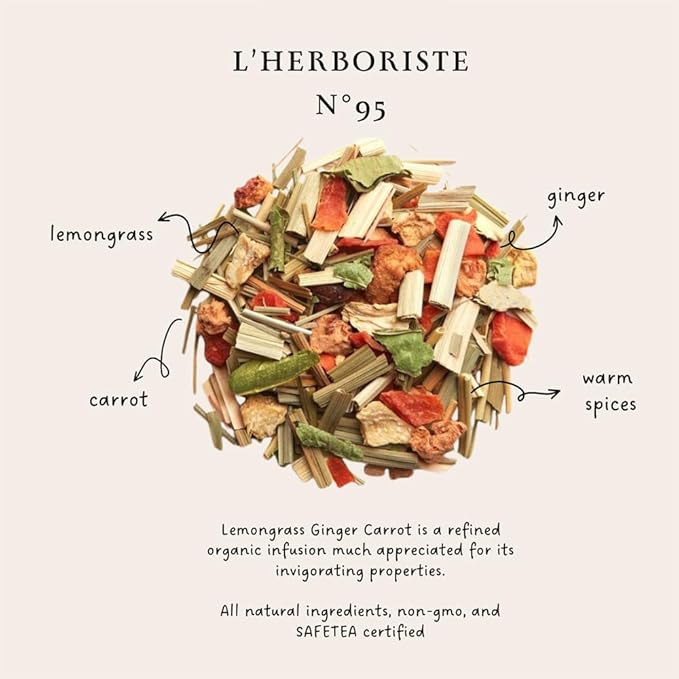 Palais des Thés Caffeine-Free Tea - L'Herboriste N°95 Organic Energy Herbal Blend with Lemongrass, Ginger & Carrot - Premium Tea Bags, Serves 20 Cups - Bloomnest