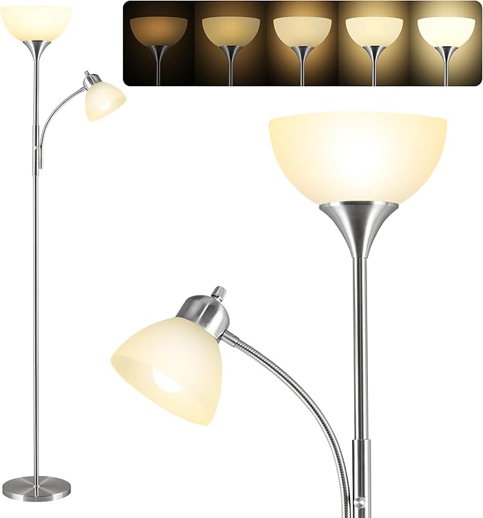 Floor Lamp, Dimmable Standing lamp, Stepless Dimming Brightness, Included 9W and 5W LED Bulbs, Industrial Floor Lamp for Living Room, Bedroom, Office, Reading - Bloomnest
