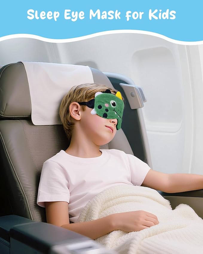 Sleep Mask for Kids - Cute Cartoon Plush Fuffy Sleeping Eye Cover Green Dinosaur Kawaii Soft Eyeshade with Adjustable Strap Animal Eye Blindfold for Kids Girls Boys Teens - Bloomnest