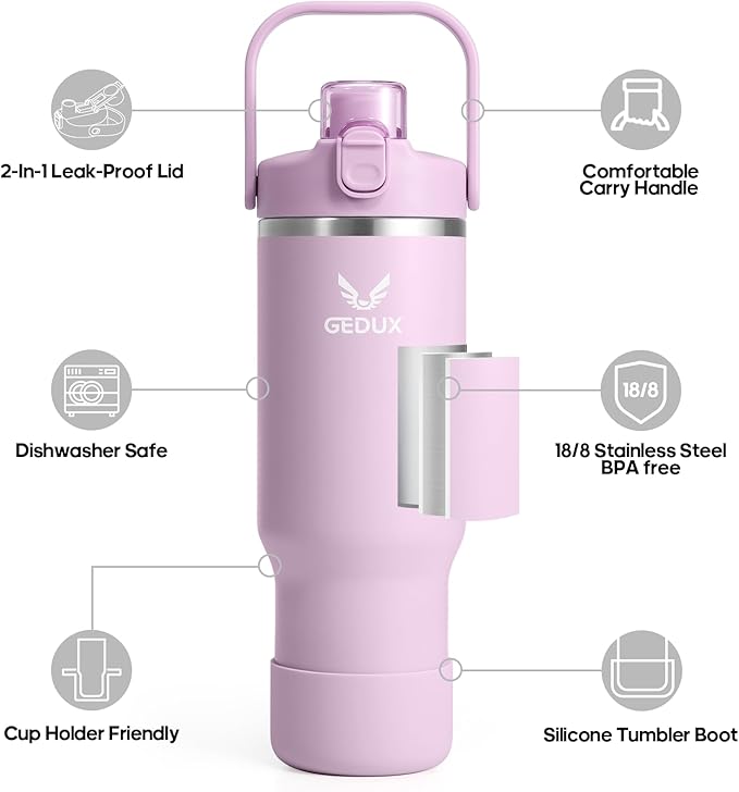 32 oz Stainless Steel Tumbler with Handle and Straw, Vacuum Insulated Water Bottle with 2-in-1 Lid (Chug/Straw) and Silicone Boot，Keeps Drinks Hot and Cold - Bloomnest
