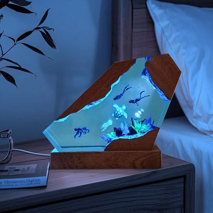 Octopus Ocean Resin Lamp, Handmade Wooden Table Resin Night Light, USB Port Art Ornaments for Home Office Decor, Scuba Diver Gifts for Birthday Holiday, Valentine's Day Gifts for Husband - Bloomnest