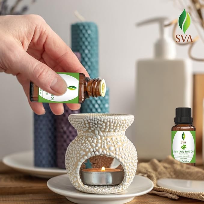 SVA Holy Tulsi Essential Oil – 1/3 Fl Oz – 100% Natural Tulsi Oil - for Diffuser, Hair Care, Face, Skin Care, Aromatherapy, Scalp and Body Massage, Soap and Candle Making - Bloomnest