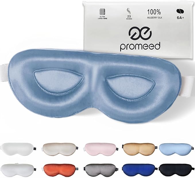 PROMEED Adjustable 23 Momme Mulberry Silk Sleep Mask, 3D Contoured No-Pressure Cup Eye Mask for Sleeping, Super Soft Breathable Blindfold, Perfect Blocks Light for Sleeping (Light Blue) - Bloomnest